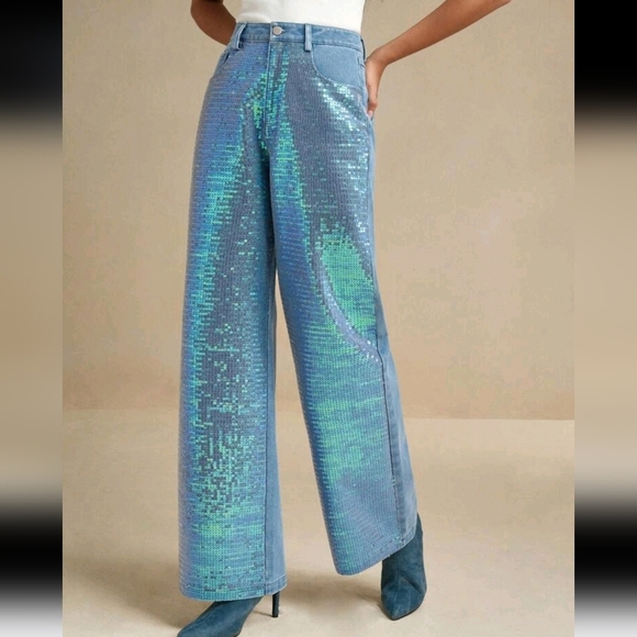 Fashionable Christmas Bling Rhinestone Embellished Straight Leg Jeans For Women - Picture 1 of 4